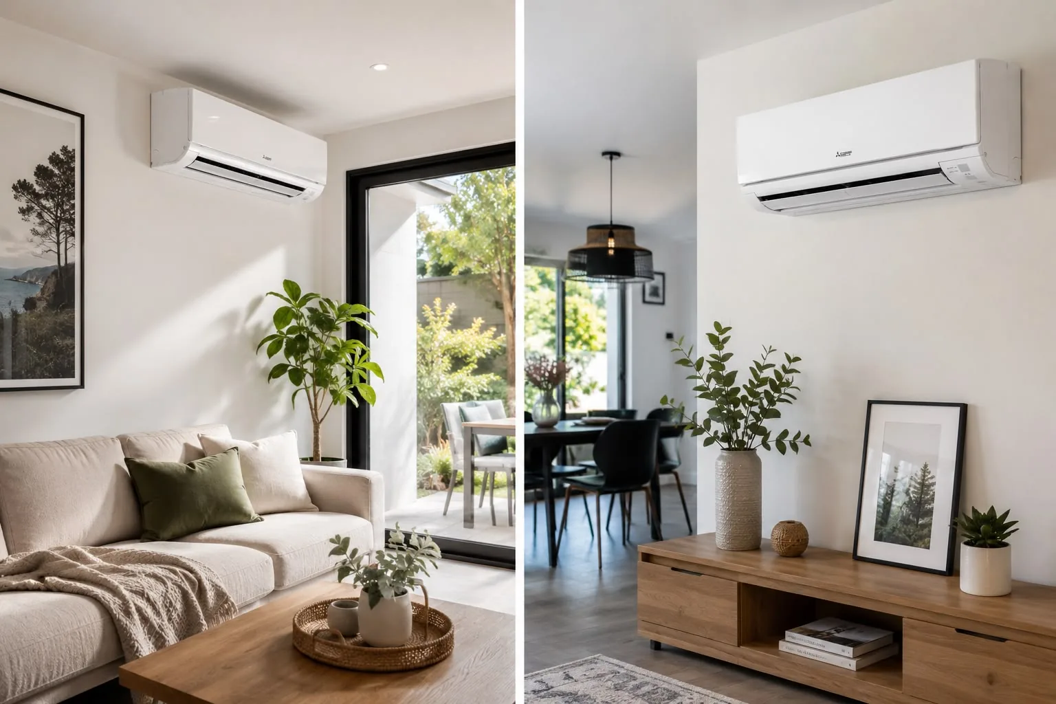 Climatisation réversible air-air installée dans un salon et une salle à manger par ASD Energie