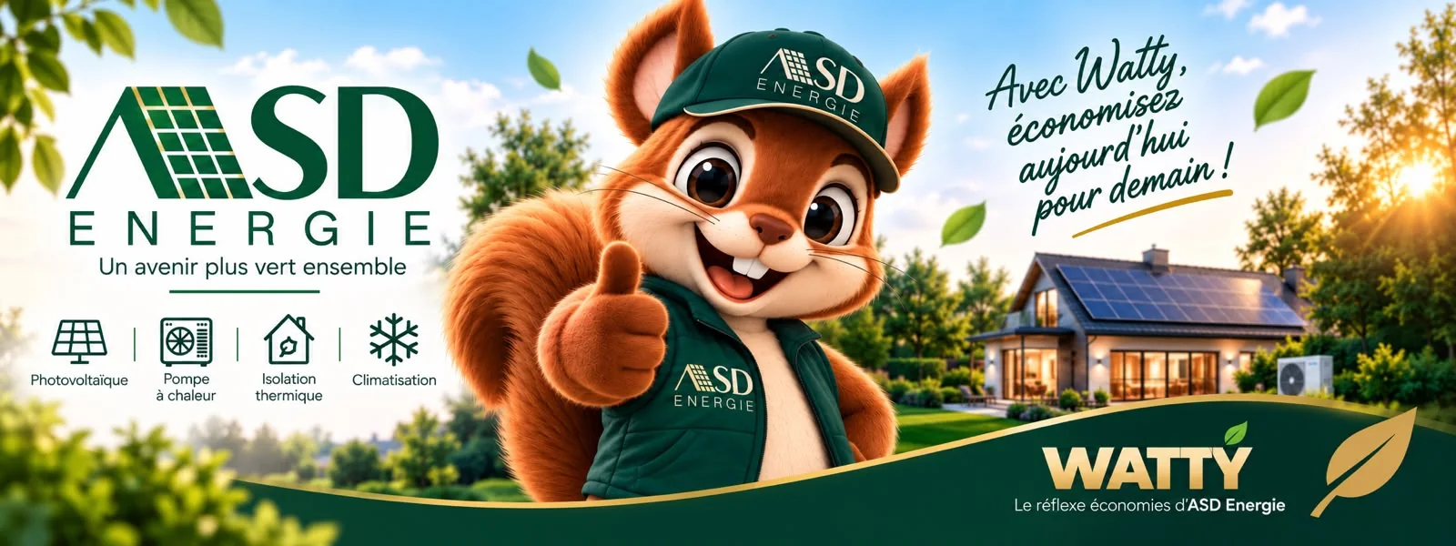Watty, la mascotte d'ASD Energie : photovoltaïque, pompe à chaleur, isolation thermique et climatisation
